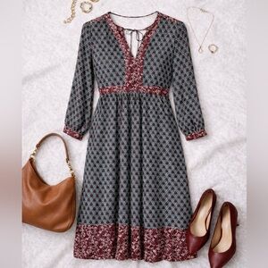 LOFT Long Sleeve Dress with Burgundy and Teal Print